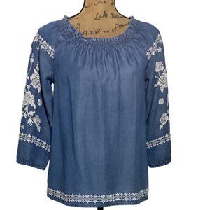 J Jill Denim XS Top Boho Peasant Blouse Smock Neck Heavy Embroider Denim Blue